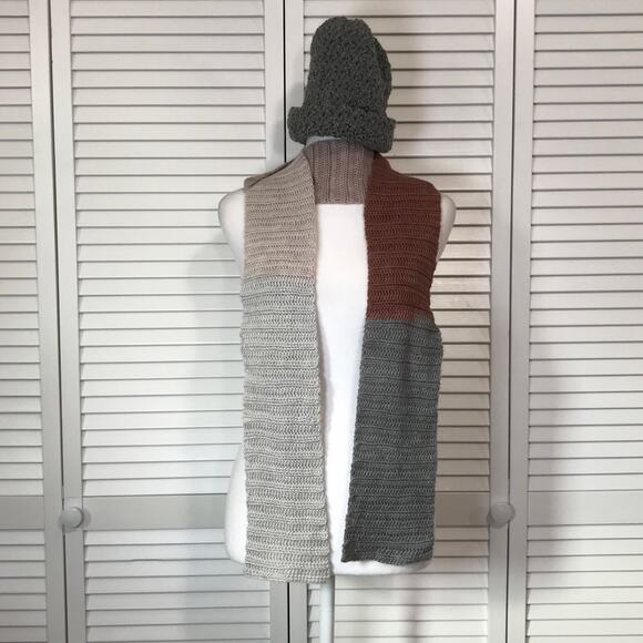 NWT Handmade Crocheted Gray Multicolor Textured Adult Beanie Scarf 84” - Picture 2 of 5